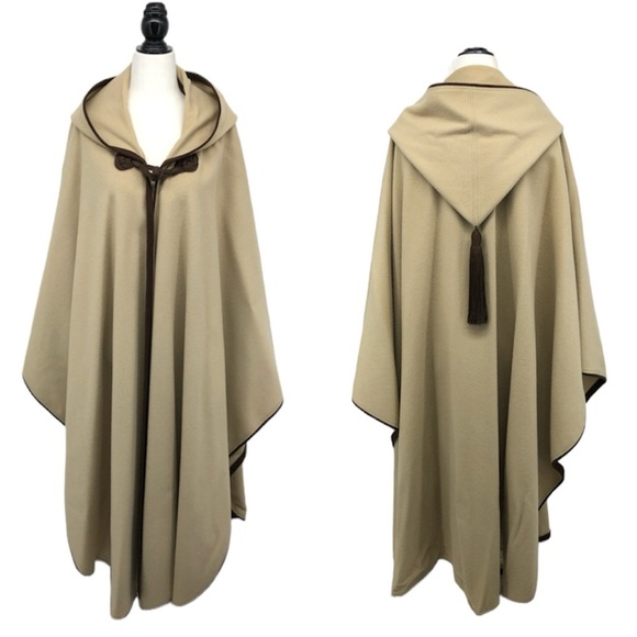 Vintage Saint Laurent Rive Gauche Tan drape Cape oversized hood 1970s Moroccan - Picture 1 of 16